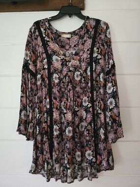 Altar'd State Black Floral Lace-Trim Boho Tunic - Pink, White & Orange